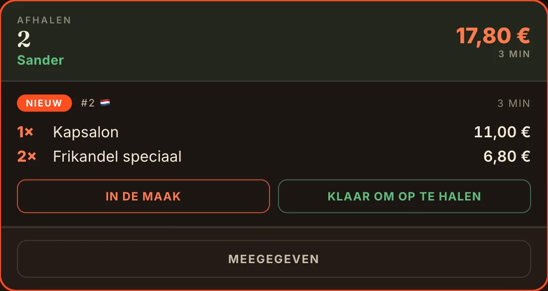 Een binnengekomen bestelling op het keukenscherm
