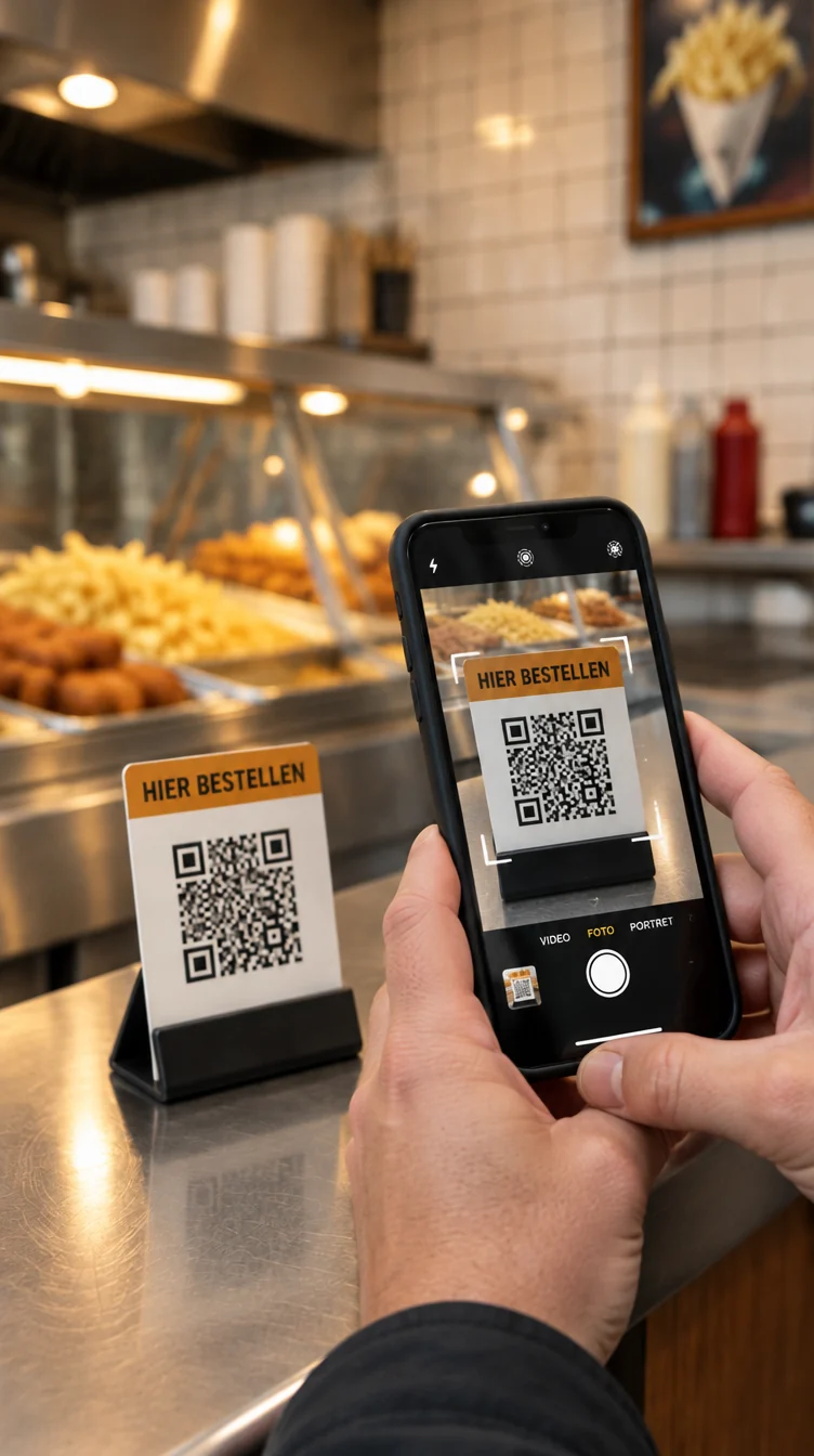 Gast scant het QR-kaartje op de toonbank van de cafetaria