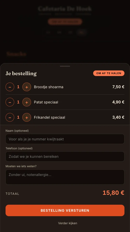 Het bestelscherm met de gekozen snacks en het totaalbedrag